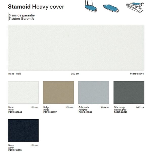 Der einseitig PVC beschichtete Persenningstoff Stamoid Heavy Cover F4313, hat ein Flächengewicht von 465 g/m² und ist 2,60m breit.