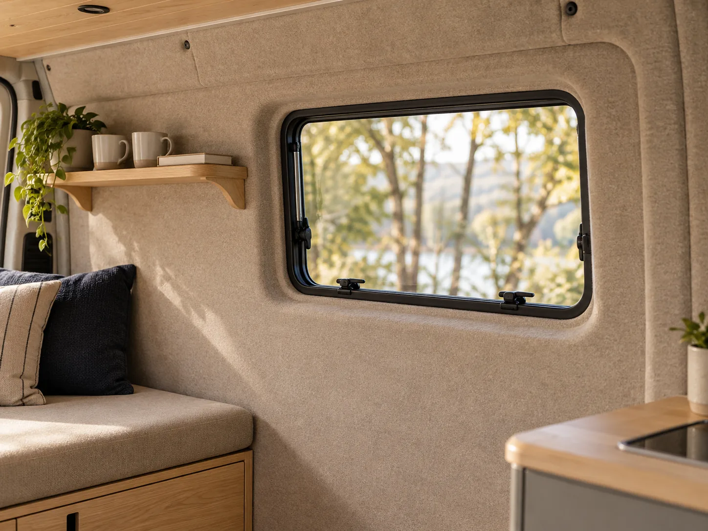 Camper-Innenraum mit sandfarbener Filzverkleidung, Fenster und Holzregal
