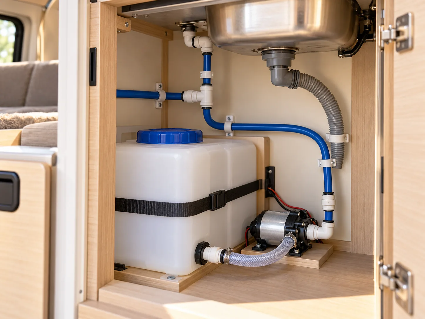Illustration einer Wasserinstallation im Camper mit Wassertank, Pumpe und Steckverbindern unter der Spüle
