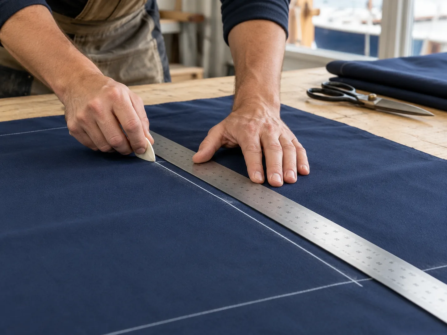 Persenningstoff mit Lineal und Schneiderkreide auf einem Zuschneidetisch ausmessen und markieren